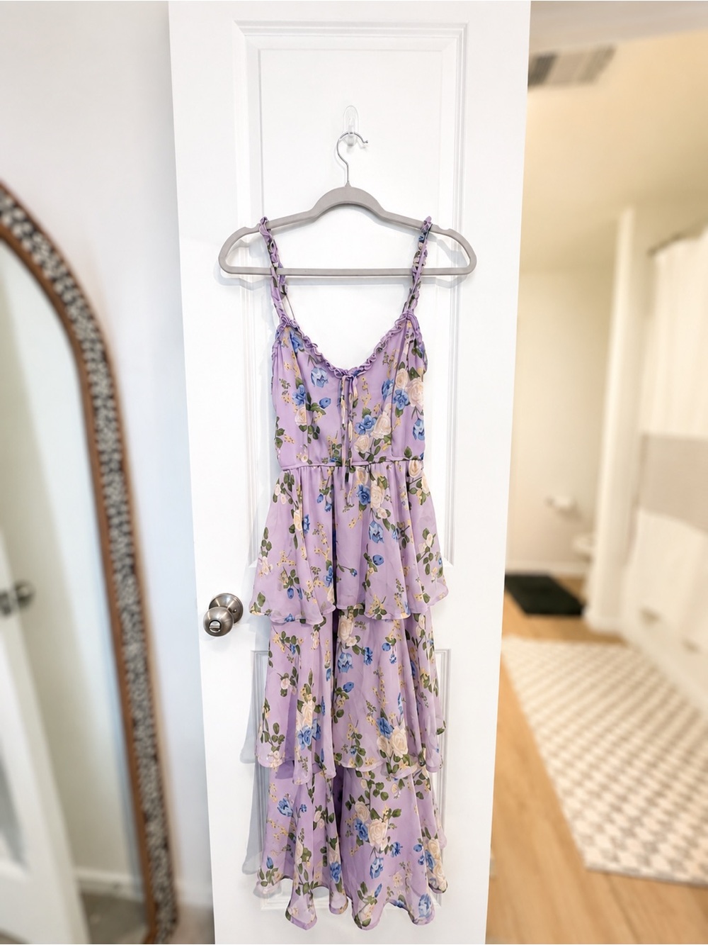 Francesca's Collections Lavender Floral Tiered Midi Dress